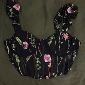 iHeartRaves Black Mesh Top with Floral Embroidery